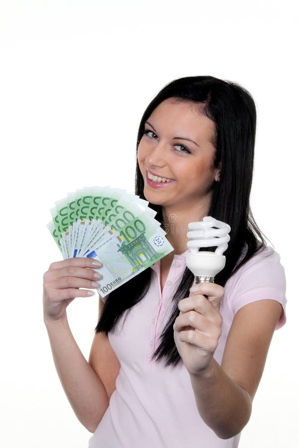 Women with energy-saving lamp. Energy lamp stock photo