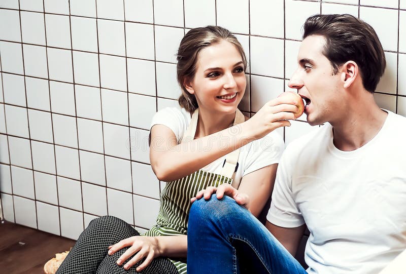 Women Are Feeding Fruit To Men Concept Lover Couple Stock Image