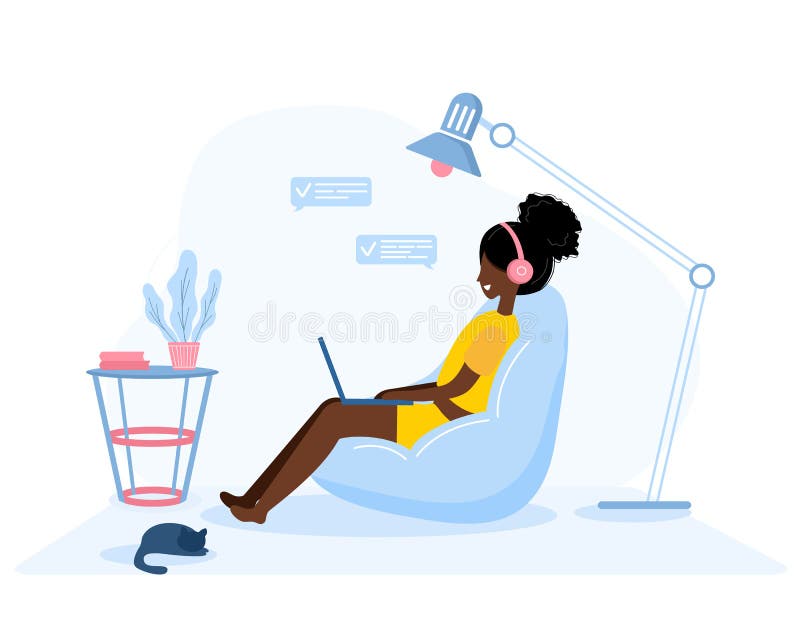 Women freelance. African girl with laptop sitting on a chair bag. Concept illustration for working, studying, education, work from home, healthy lifestyle. Vector illustration in flat style