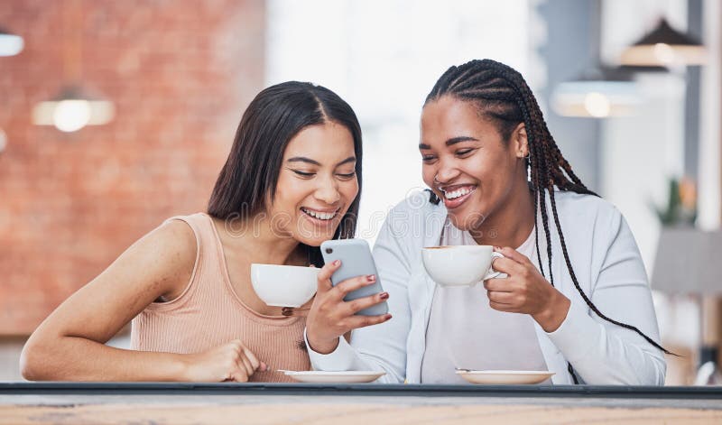 Women Friends, Coffee Shop and Smartphone with Meme, Happy and Laugh at
