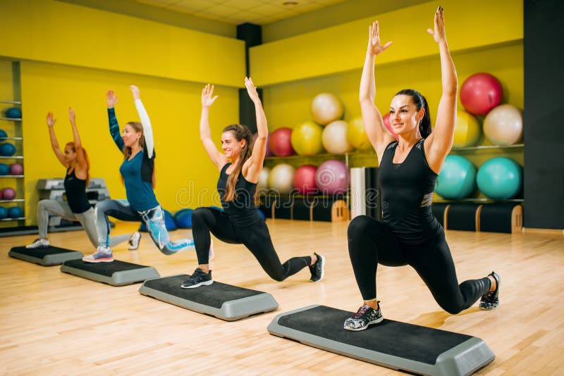 Women Group on Step Aerobic Training Stock Image - Image of coach