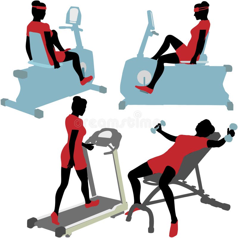 Women on gym fitness exercise machines. Fitness women in exercise gym work out on treadmill, bike, and barbells stock illustration Women on gym fitness exercise machines. Fitness women in exercise gym work out on treadmill, bike, and barbells stock illustration