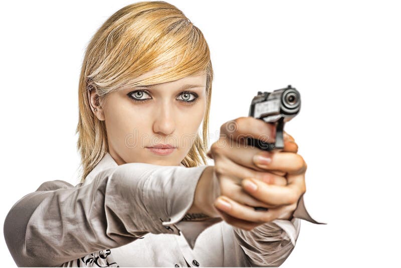 Young blonde womem with semi-automatic pistol. Coarse style picture. Young blonde womem with semi-automatic pistol. Coarse style picture