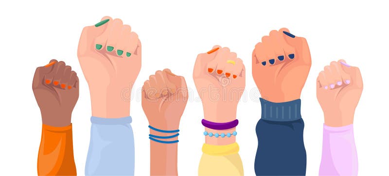 Women hands with different skin color. Girl power poster. Set. Hands with different trappings. Feminism, race equality, tolerance royalty free illustration Women hands with different skin color. Girl power poster. Set. Hands with different trappings. Feminism, race equality, tolerance royalty free illustration