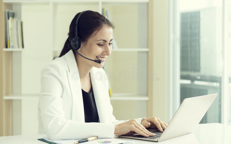 Women happy smiling customer support operator with headset. communication concept.