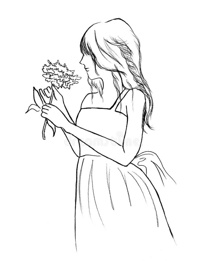 Women Hold Flower In Hands In Line Art Drawing Illustration Stock