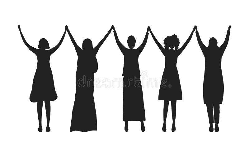 Women holding hands. Black silhouettes of women. International Women`s Day concept. Women`s community