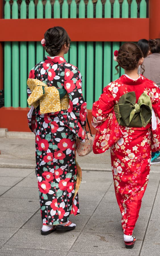 Women in a Kimono on a City Street, Tokyo, Japan. Close-up. Back View ...