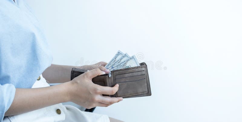Women person hands open the wallet and take purse dollar note out of.