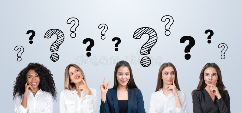 Women pondering with question marks in the background stock images
