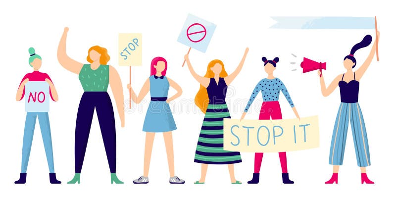 Women protesters. Female group protest, strong woman holding feminism placard and women rights manifestation flat vector stock illustration