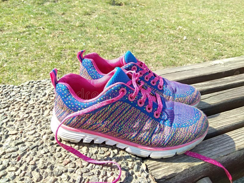 women' rosado-púrpura; zapatillas de deporte de s en un banco de madera en el parque Parque de la primavera, fondo de la hier foto de archivo libre de regalías women' rosado-púrpura; zapatillas de deporte de s en un banco de madera en el parque Parque de la primavera, fondo de la hier foto de archivo libre de regalías