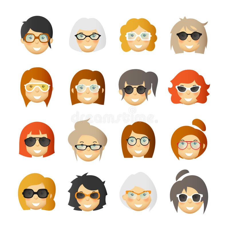 Women with rosy cheeks in glasses and sunglasses. Vector avatars set.