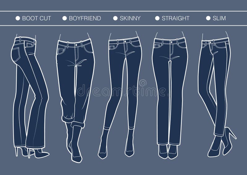 Women jeans styles collection. Denim fashion, types of female pants. Casual  models of cotton trousers and shorts for modern girl. Flat vector  illustrated icons. Clothing guide infographics Stock Vector