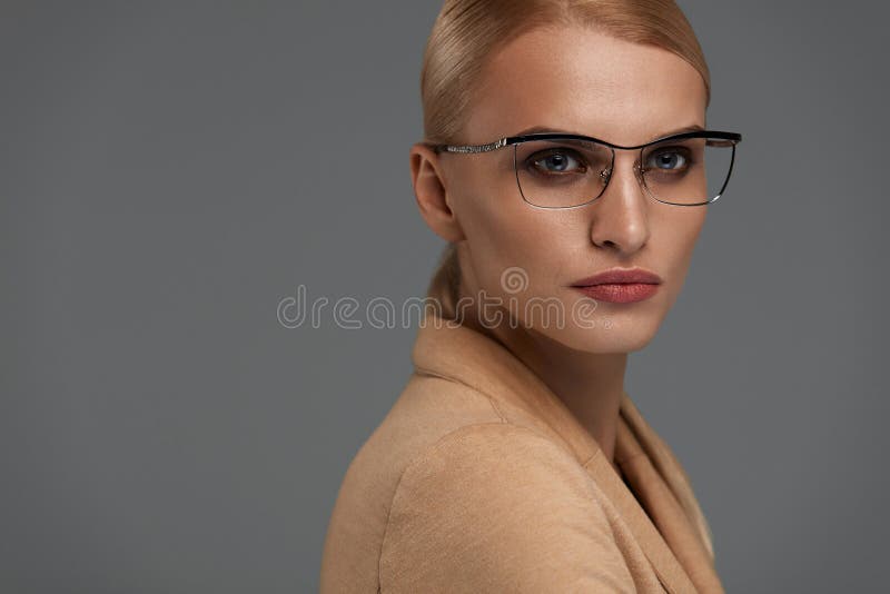 Women`s Glasses Style. Beautiful Woman In Fashion Optical Frame