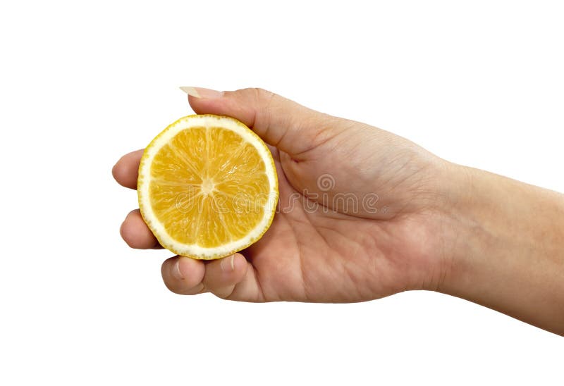 Women`s hand holding a half of fresh lemon yellow on a white background