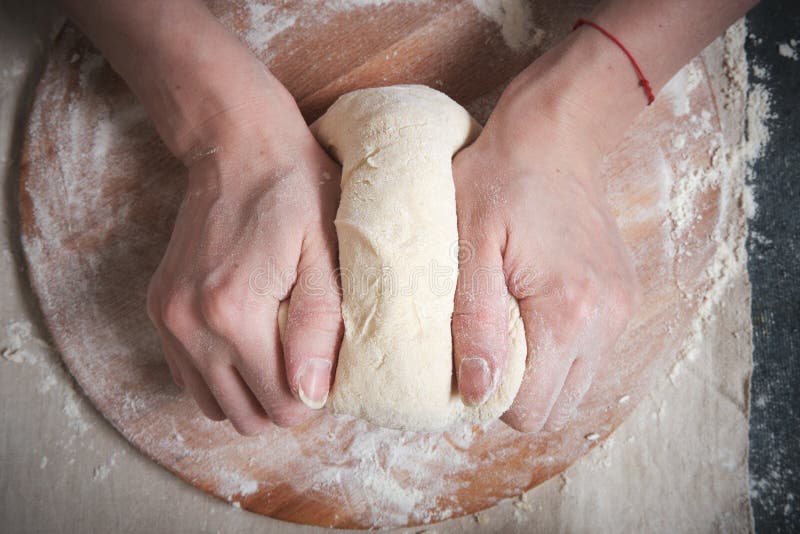 Women`s Hands Knead the Dough from Wheat Flour Stock Photo Image of