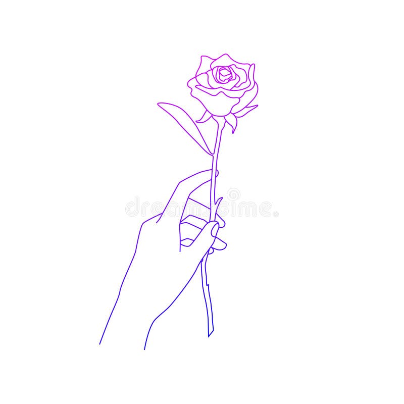 Women hands in a minimal linear style. Vector emblems with hand gestures holding a rose