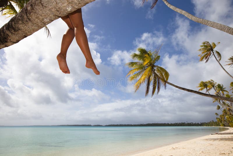 Women s legs on white sand beach