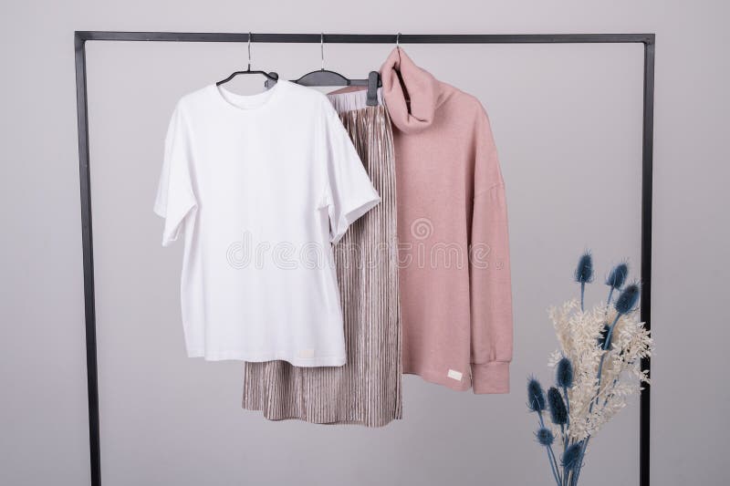 Women\ s minimal fashion pastel clothes. Stylish female t-shirts  hoodie  pants on hanger on white background. Fashion blog