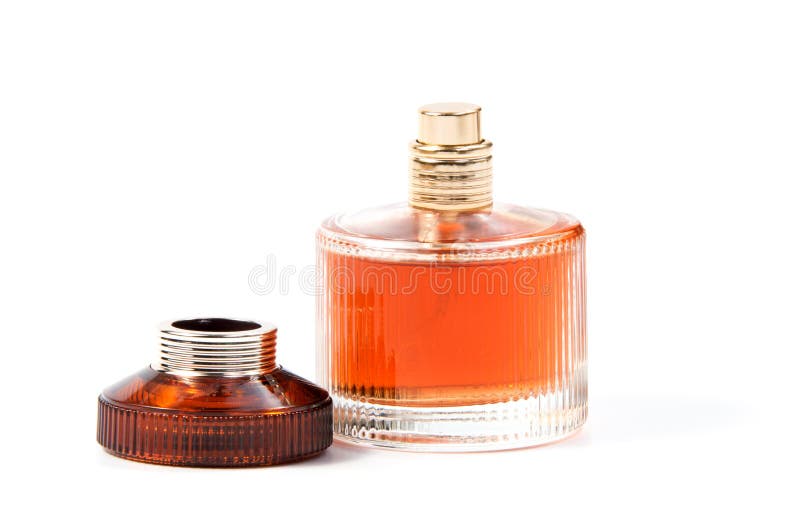 Women`s Perfume in Beautiful Bottle Isolated on White Stock Photo