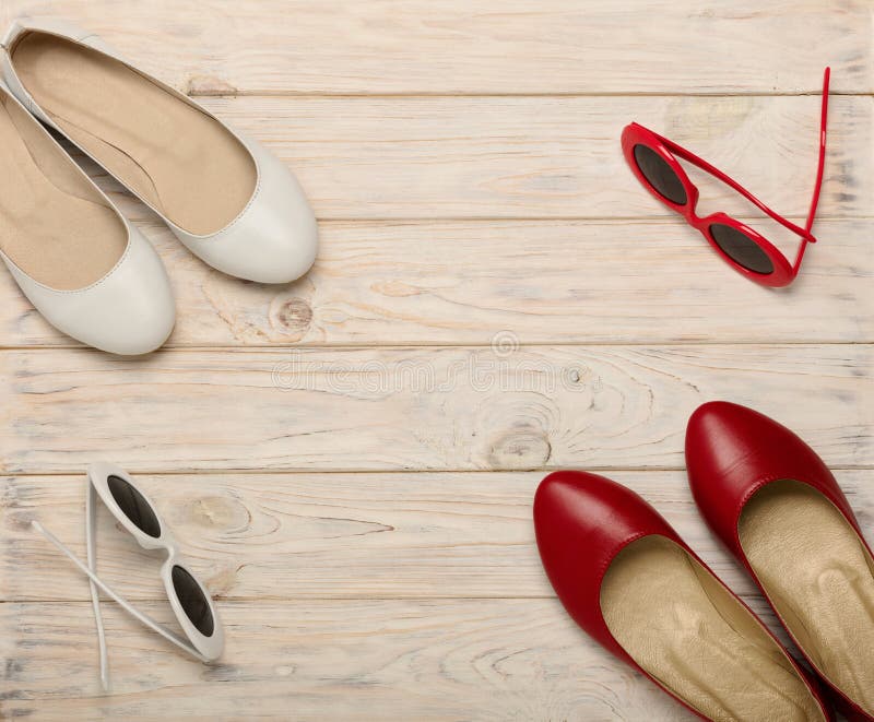 Women`s Shoes and Sunglasses of Red and White Color. Stock Photo ...