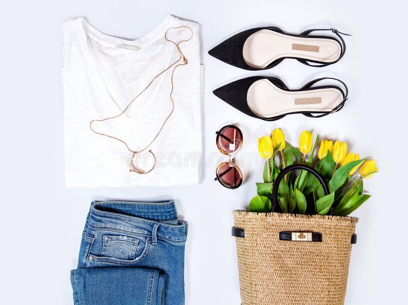 Women`s spring summer basic outfit. Apparels flat composition royalty free stock photos