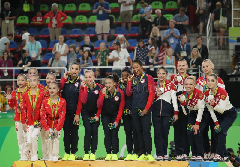 Women's team all-around gymnastics winners at Rio 2016 Olympic Games team China (L), team USA and team Russia