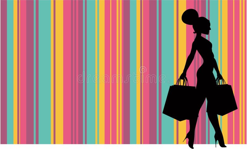 Women silhouette holding shopping bags over striped background. Women silhouette holding shopping bags over striped background