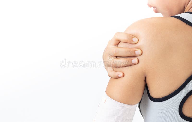 Women are shoulder pain due to extreme exercise stock photo