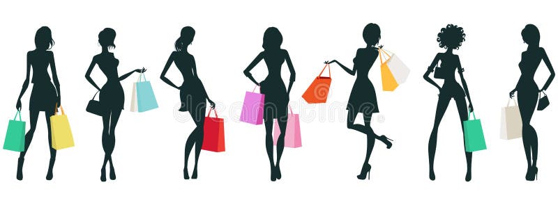 Women silhouettes with shopping bags. Isolated vector illustration.