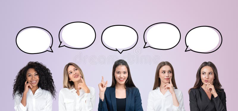 Women with speech bubbles expressing ideas and thoughts royalty free stock photography
