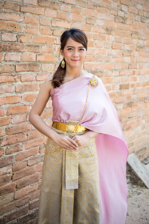 Asian Woman Wearing Typical, Traditional Thai Dress. Stock 