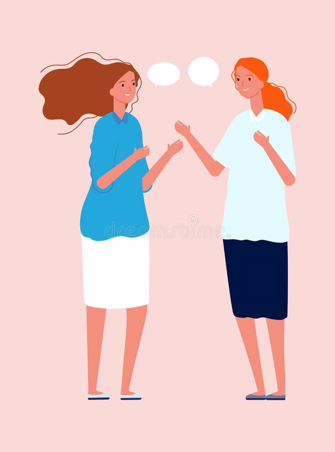 Women talking. Girlfriends meeting, cute flat girls characters. Happy female standing and smiling vector illustration