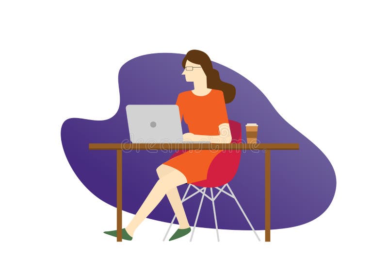 A women in tech business person sitting on the table desk thinking concentrate in laptop for programmer programming stock illustration