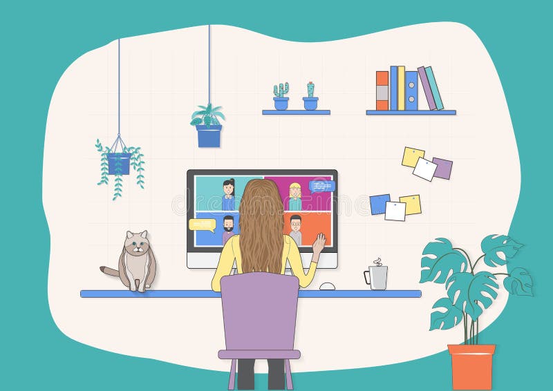 Women using computer for talk to each other on the computer screen and group video conference stock illustration