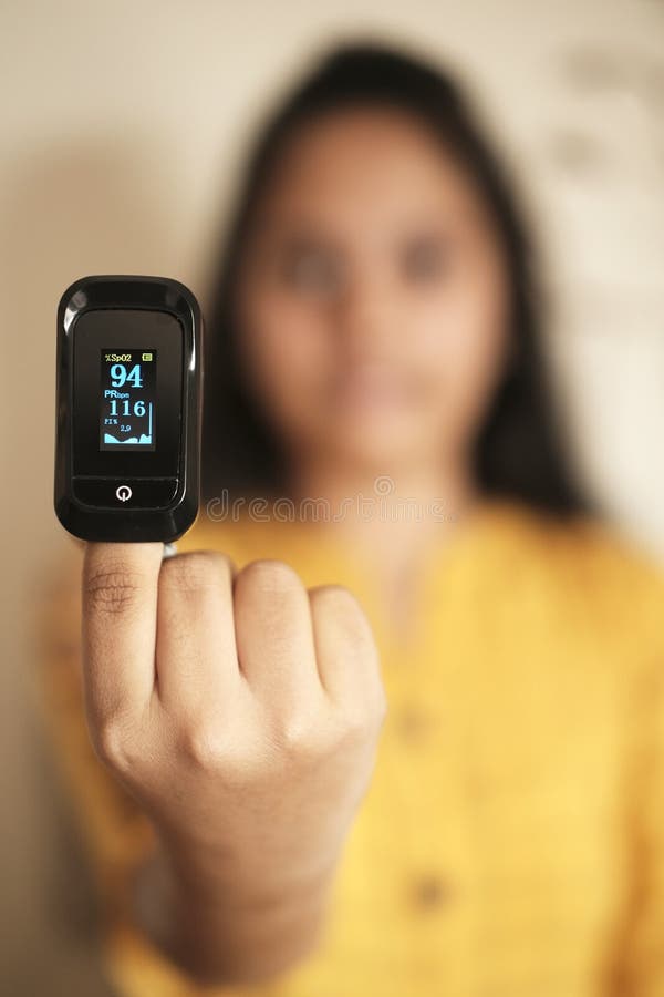 Women Using Pulse Oximeter Device on Finger, Healthcare Monitoring