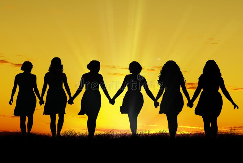 Silhouette of six young women, walking hand in hand. Silhouette of six young women, walking hand in hand