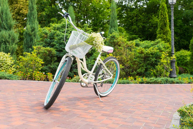 Weißes Fahrrad Mit Korb Im Park Stockfoto Bild von
