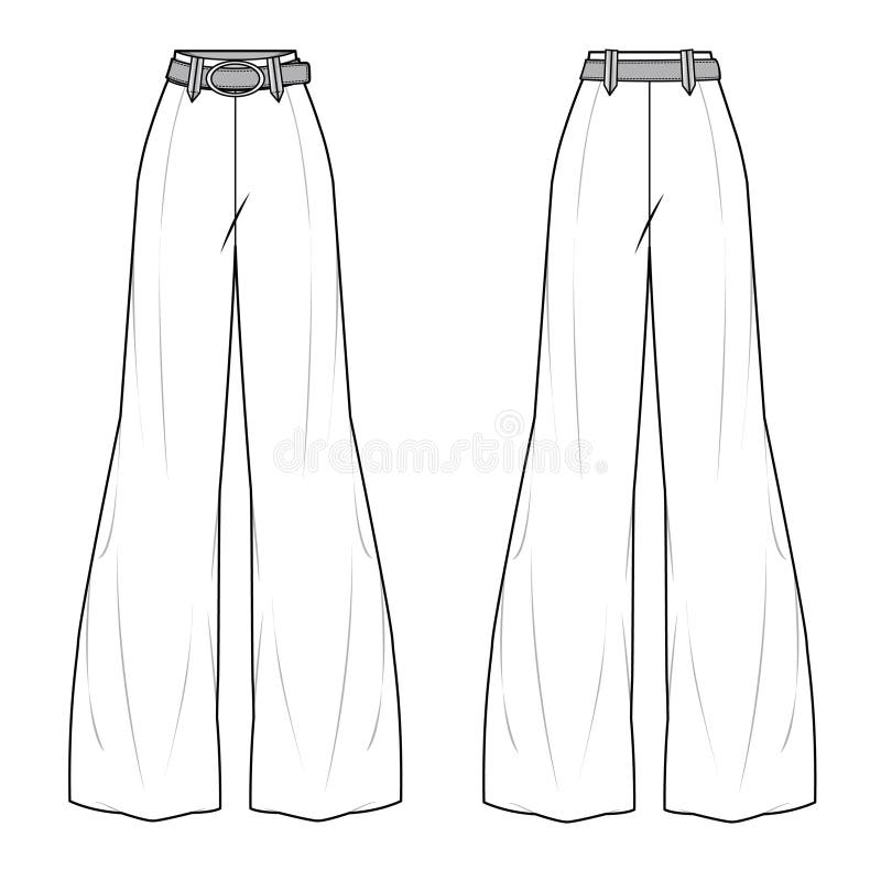 Women Wide Leg Pant Front and Back View Flat Sketch Vector Illustration ...