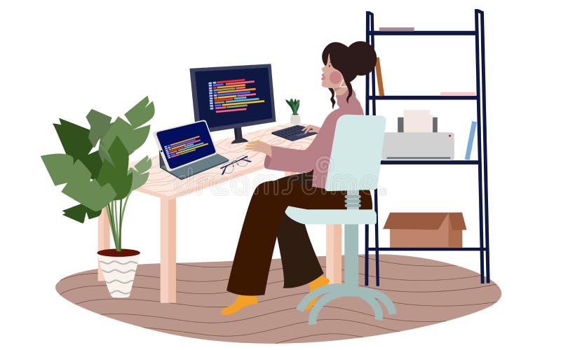 Women Work on Computer Development Program Software with Flat Cartoon Style Stock Illustration - Illustration of engineer, computer: 213855873 Women Work on Computer Development Program Software with Flat Cartoon Style Stock Illustration - Illustration of engineer, computer: 213855873