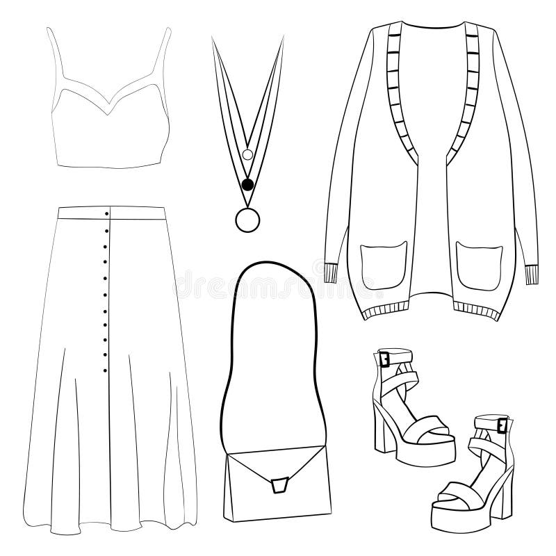 Womens Clothing, Footwear and Accessories. Layout of Objects. Line Art ...