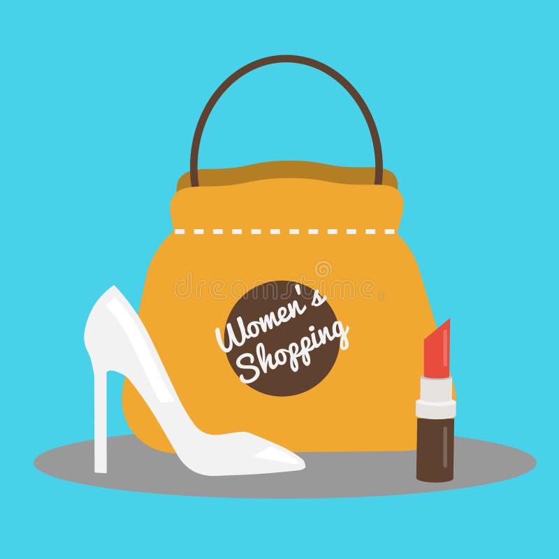Womens shopping concept vector illustration with fashion shoes, bag and lipstick