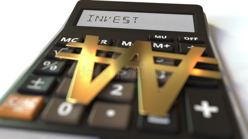 Won currency symbol on the keys and INVEST text on calculator display. Conceptual 3d rendering stock illustration