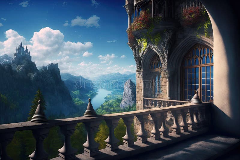 Balcony in the Castle stock illustration. Illustration of waterfall -  38775842