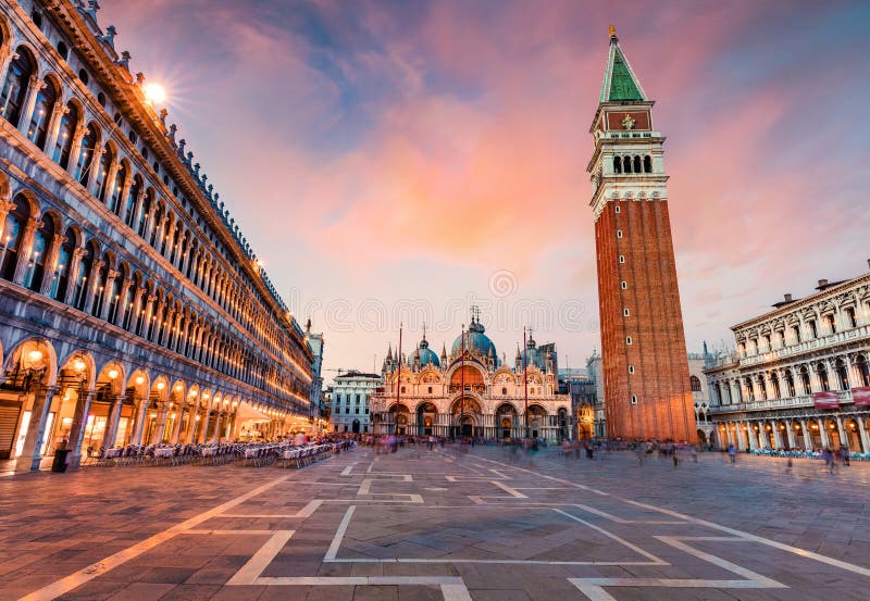 Wonderful evening view of San Marco square with Campanile and Saint Mark`s Basilica. Colorful cityscape of Venice, Italy, Europe.