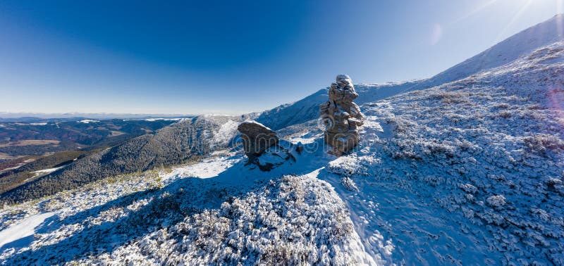 Landscapes of the Carpathian Mountains, covered with large stone ledges in Ukraine, near the village of Dzembronya