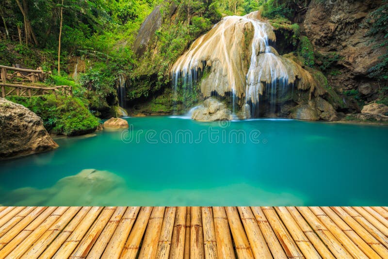 Wonderful Waterfall in Thailand with Bamboo Floor Stock Image Image