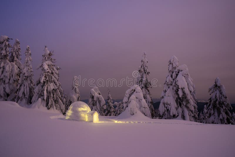 Wonderful winter scenery with snow igloo at night