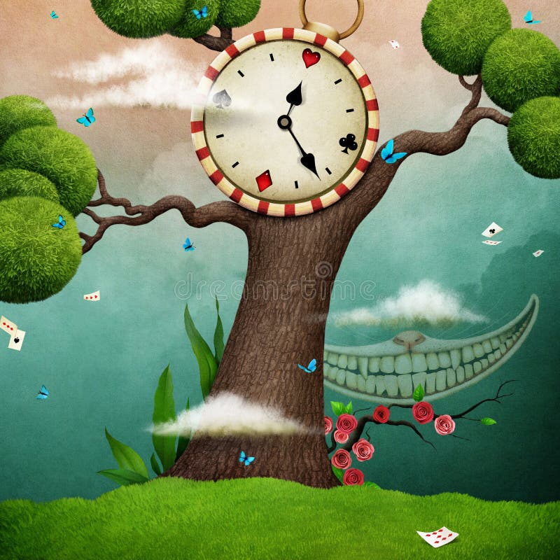 Fundal Țara Minunilor. Fundal fantezie Fairy Fairy Land cu ceas arbore și pisică Cheshire pentru acoperire sau ilustrare pentru invitație sau poster. grafică computerizată.
